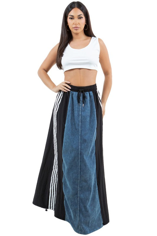 Women's Stretch Denim Long Maxi Skirt with Side Straps