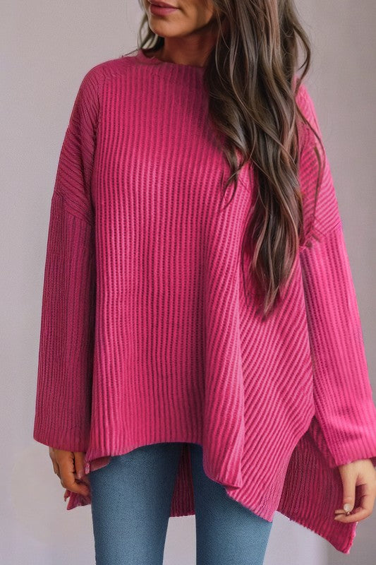 Women's Loose Fit Cable Knit Sweater with Side Slits