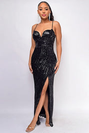 Women's Sleeveless Sequin Maxi Dress with Open Side