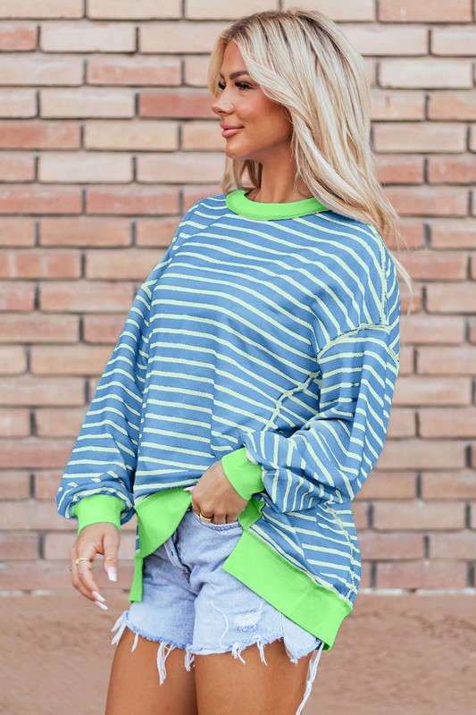 Women's Striped Contrast Trim High Low Pullover Sweatshirt