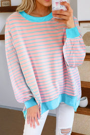 Women's Striped Contrast Trim High Low Pullover Sweatshirt