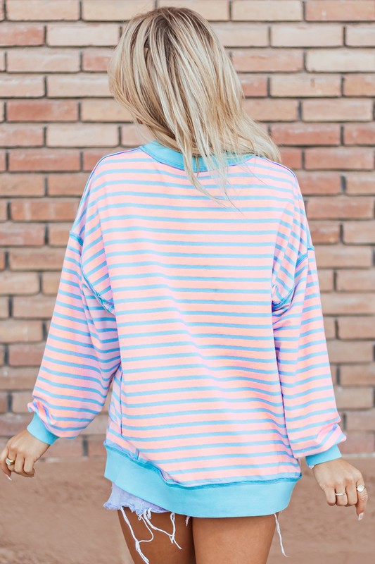 Women's Striped Contrast Trim High Low Pullover Sweatshirt