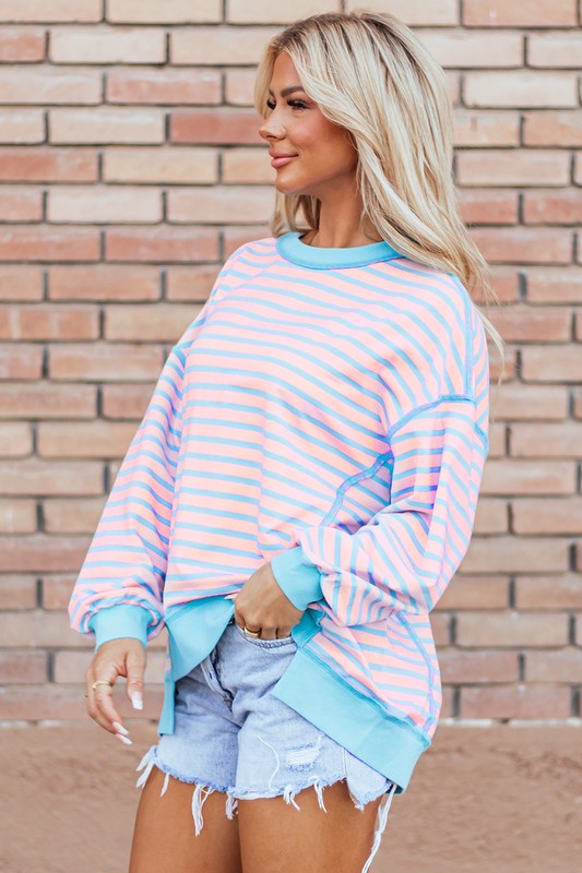 Women's Striped Contrast Trim High Low Pullover Sweatshirt