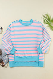 Women's Striped Contrast Trim High Low Pullover Sweatshirt