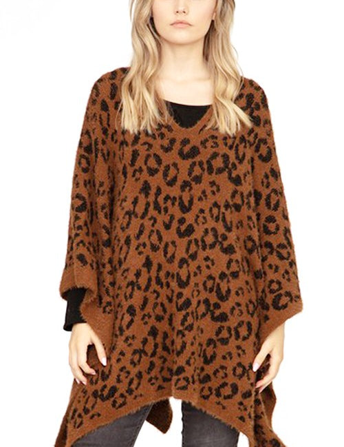 Women's Leopard Print Intarsia Poncho