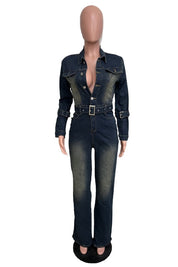 Women's Long Sleeve Denim Jumpsuit with Pockets