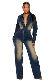 Women's Long Sleeve Denim Jumpsuit with Pockets