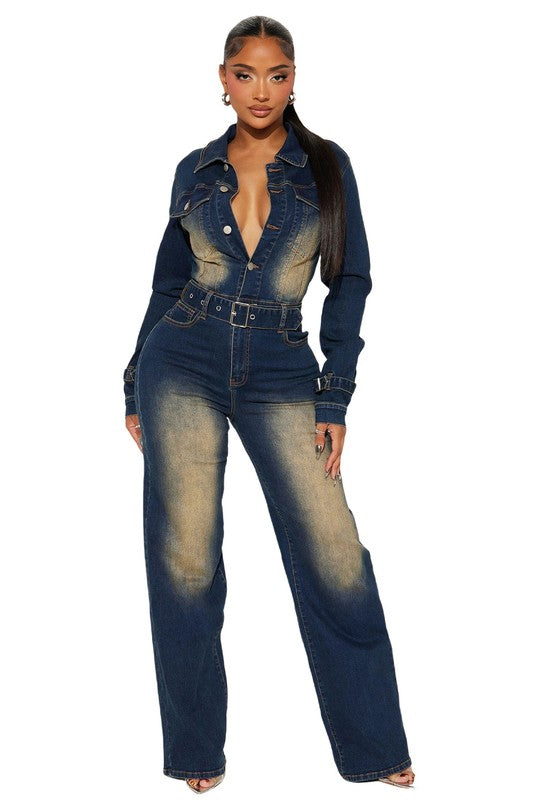 Women's Long Sleeve Denim Jumpsuit with Pockets
