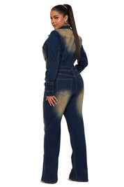 Women's Long Sleeve Denim Jumpsuit with Pockets