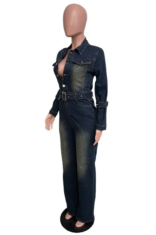 Women's Long Sleeve Denim Jumpsuit with Pockets