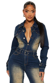 Women's Long Sleeve Denim Jumpsuit with Pockets