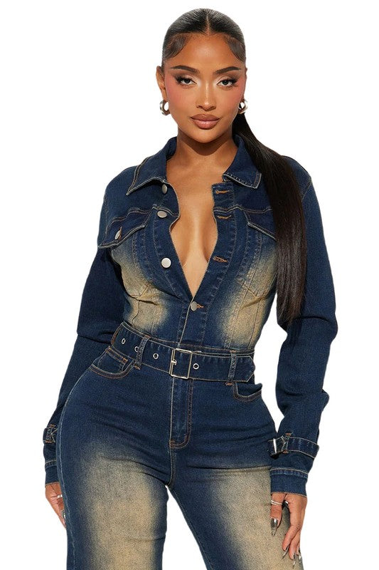 Women's Long Sleeve Denim Jumpsuit with Pockets