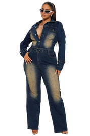 Women's Long Sleeve Denim Jumpsuit with Pockets