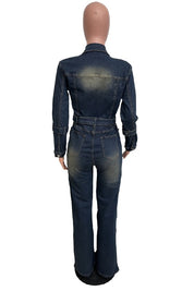 Women's Long Sleeve Denim Jumpsuit with Pockets