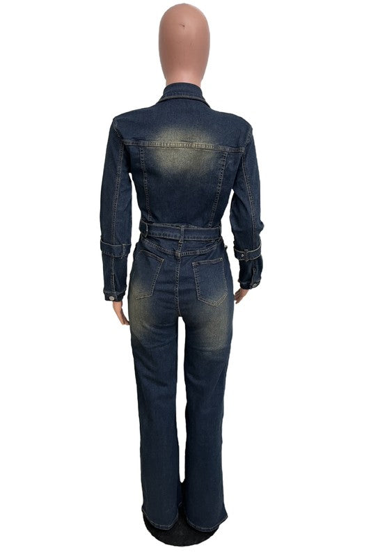 Women's Long Sleeve Denim Jumpsuit with Pockets