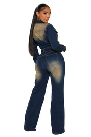 Women's Long Sleeve Denim Jumpsuit with Pockets