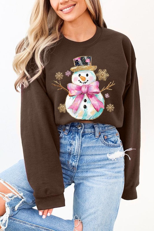 Unisex Fleece Sweatshirt with Faux Glitter Snowman Design