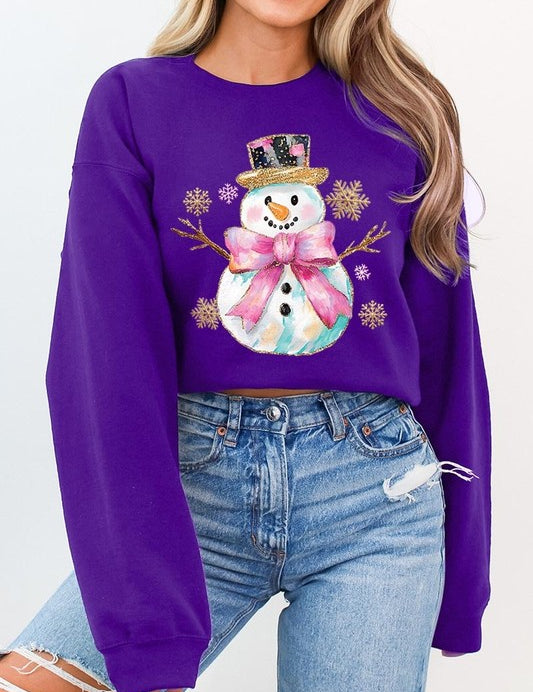 Unisex Fleece Sweatshirt with Faux Glitter Snowman Design