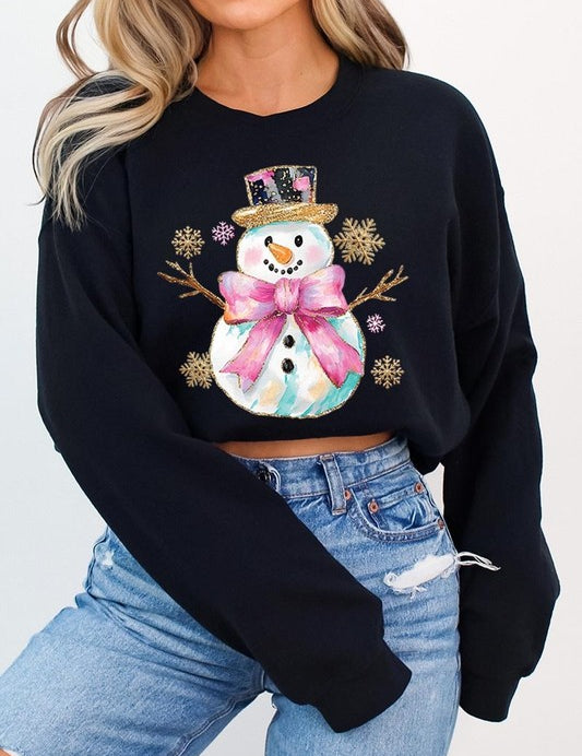 Unisex Fleece Sweatshirt with Faux Glitter Snowman Design