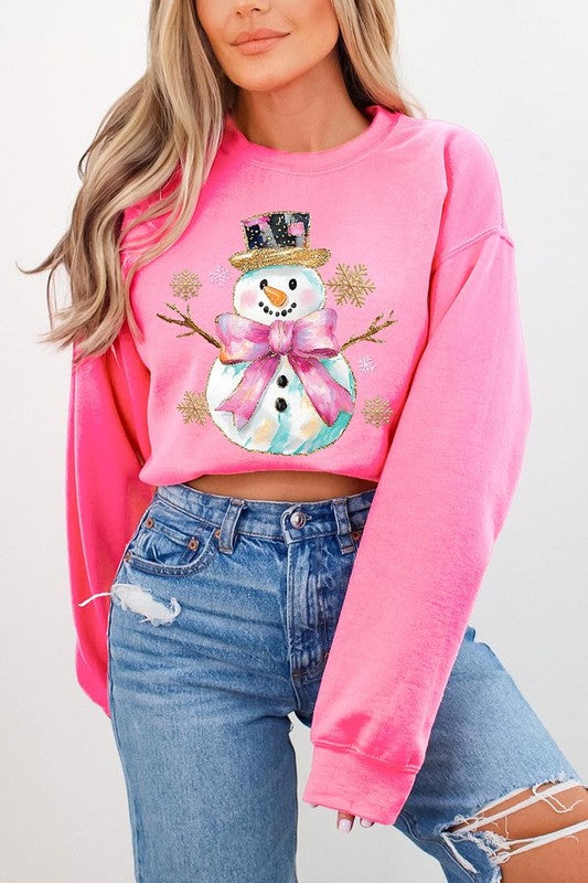 Unisex Fleece Sweatshirt with Faux Glitter Snowman Design