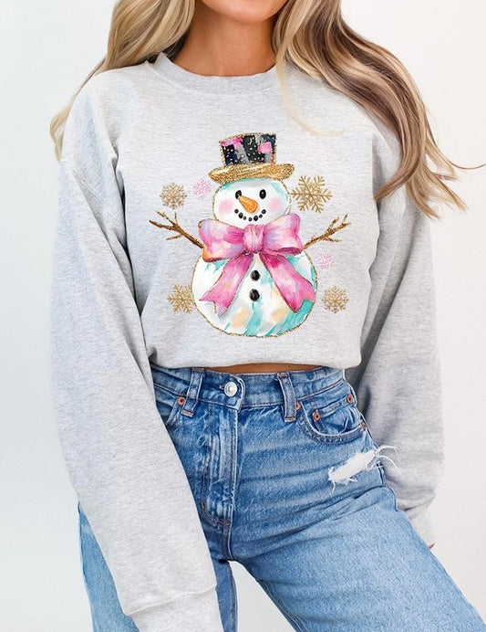 Unisex Fleece Sweatshirt with Faux Glitter Snowman Design