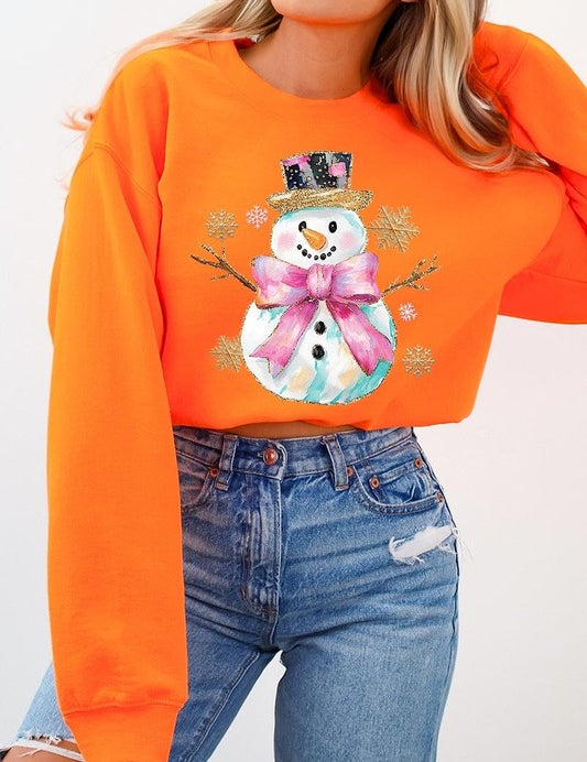 Unisex Fleece Sweatshirt with Faux Glitter Snowman Design