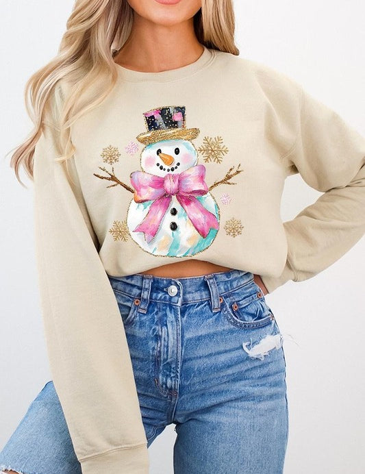 Unisex Fleece Sweatshirt with Faux Glitter Snowman Design