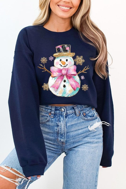 Unisex Fleece Sweatshirt with Faux Glitter Snowman Design