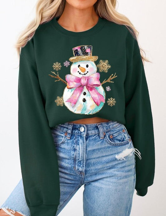 Unisex Fleece Sweatshirt with Faux Glitter Snowman Design