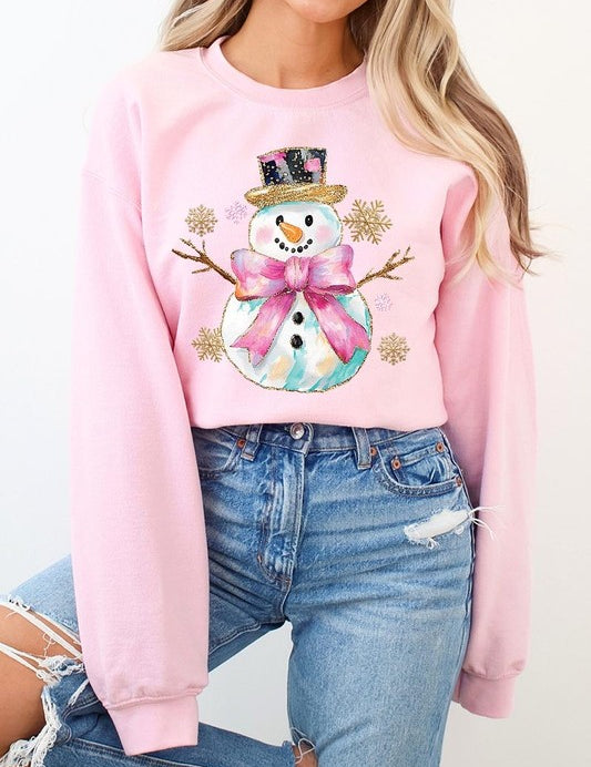 Unisex Fleece Sweatshirt with Faux Glitter Snowman Design