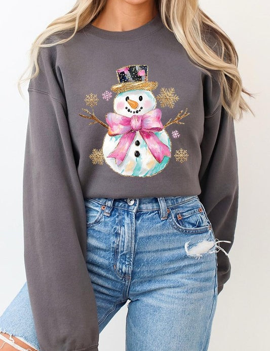 Unisex Fleece Sweatshirt with Faux Glitter Snowman Design