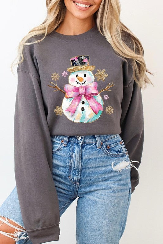 Unisex Fleece Sweatshirt with Faux Glitter Snowman Design