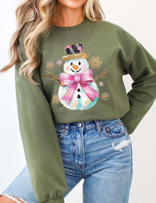 Unisex Fleece Sweatshirt with Faux Glitter Snowman Design