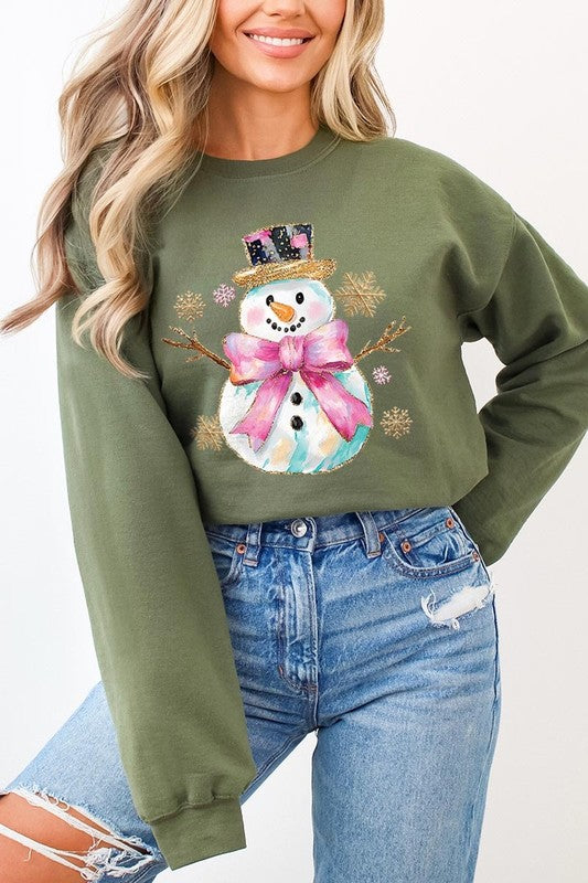 Unisex Fleece Sweatshirt with Faux Glitter Snowman Design