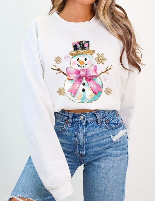 Unisex Fleece Sweatshirt with Faux Glitter Snowman Design