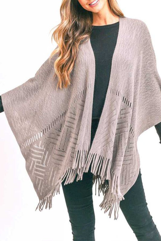 Women's Fringe Knitted Acrylic Ruana Wrap Poncho