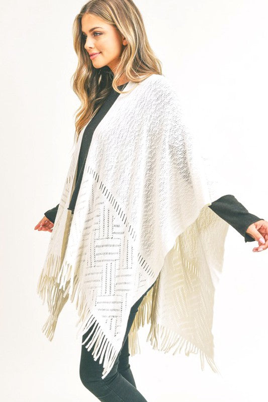 Women's Fringe Knitted Acrylic Ruana Wrap Poncho