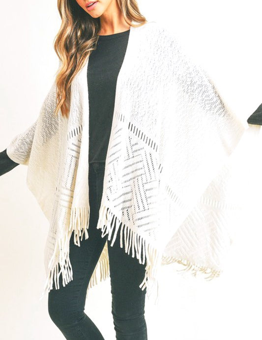 Women's Fringe Knitted Acrylic Ruana Wrap Poncho