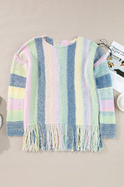 Women's Color Block Fringed Drop Shoulder Sweater