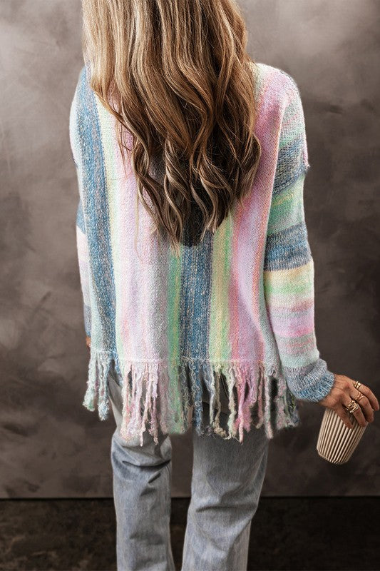 Women's Color Block Fringed Drop Shoulder Sweater