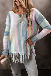 Women's Color Block Fringed Drop Shoulder Sweater