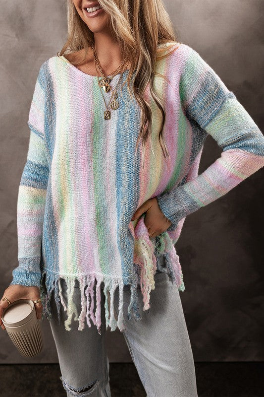 Women's Color Block Fringed Drop Shoulder Sweater