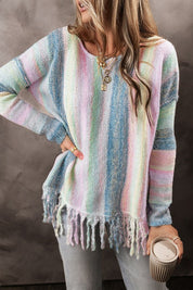 Women's Color Block Fringed Drop Shoulder Sweater