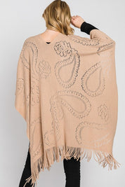 Women's Long Knit Poncho with Paisley Pattern