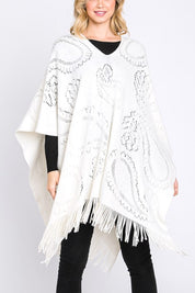 Women's Long Knit Poncho with Paisley Pattern