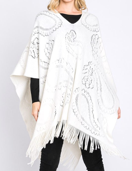 Women's Long Knit Poncho with Paisley Pattern