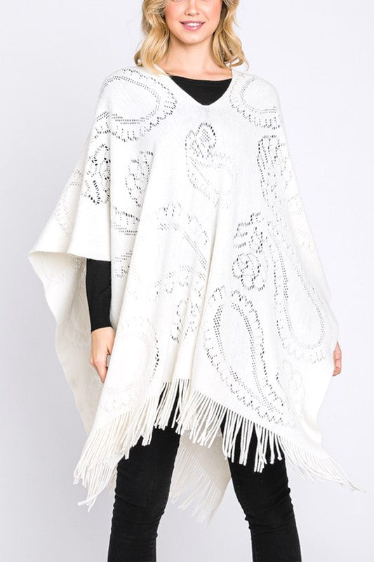 Women's Long Knit Poncho with Paisley Pattern