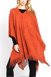 Women's Long Knit Poncho with Paisley Pattern