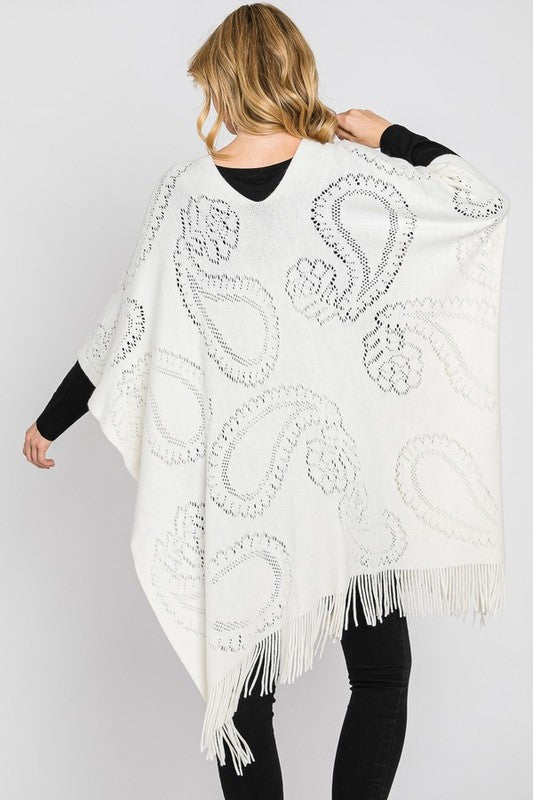 Women's Long Knit Poncho with Paisley Pattern