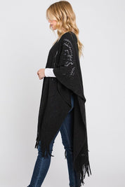 Women's Long Knit Poncho with Paisley Pattern